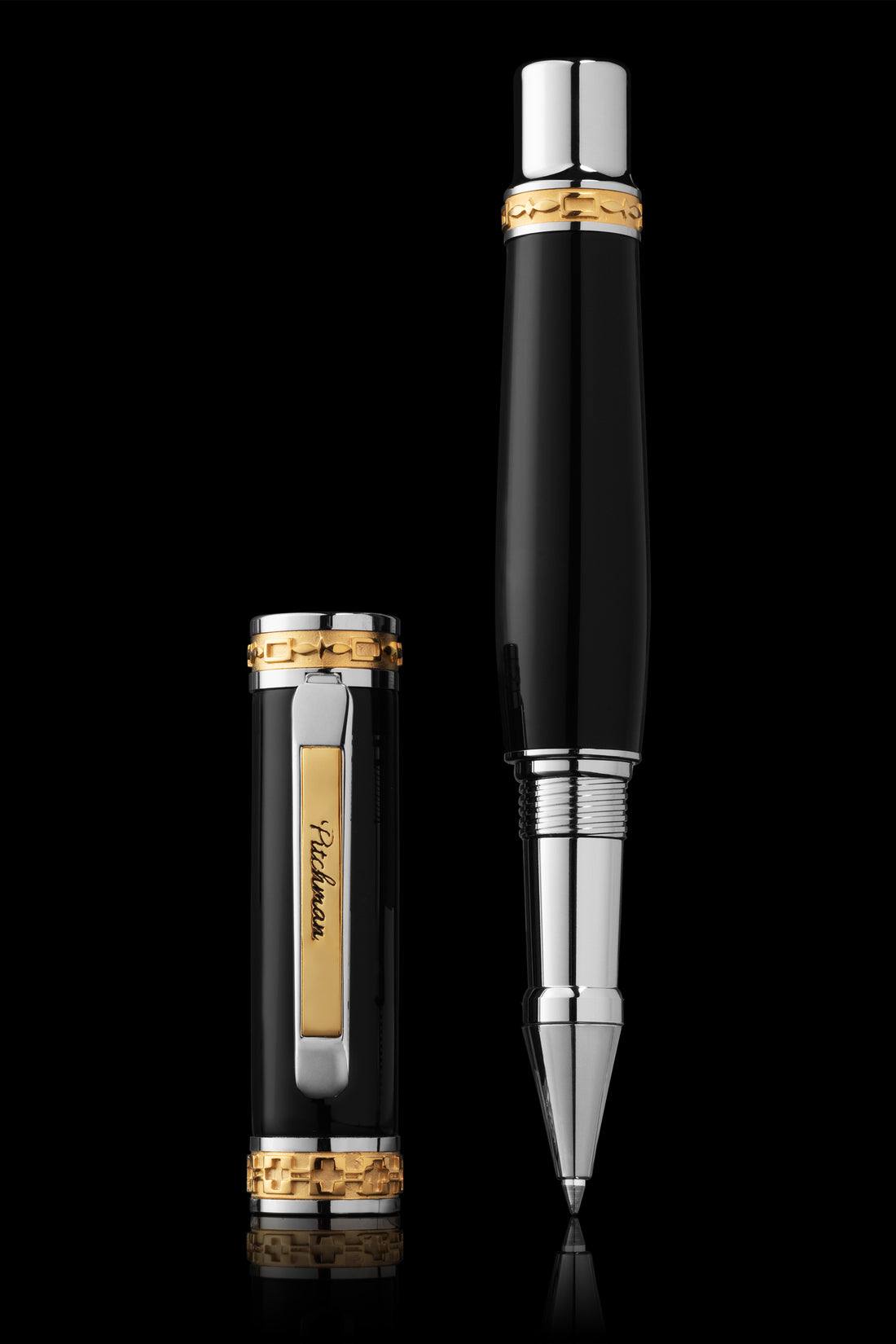 Pitchman Closer Rollerball Pen - Luxurious black rollerball pen handcrafted with palladium and 22 Kt gold – a unique and fancy executive pen.