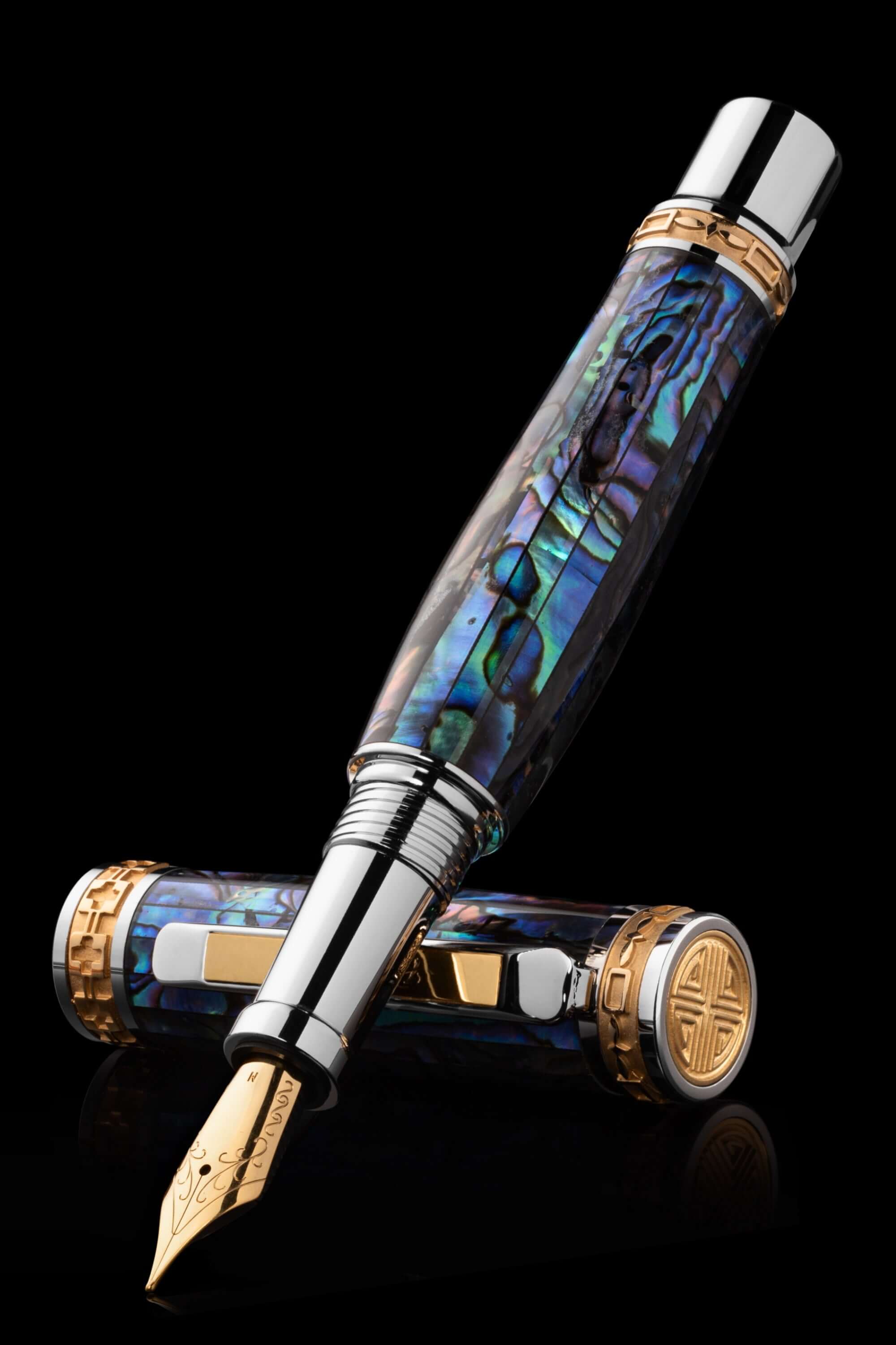 Men's Pen | Pitchman Closer Blue Fountain Pen | A luxury pen handcrafted of paua abalone shell, rhodium, and 22 kt gold.