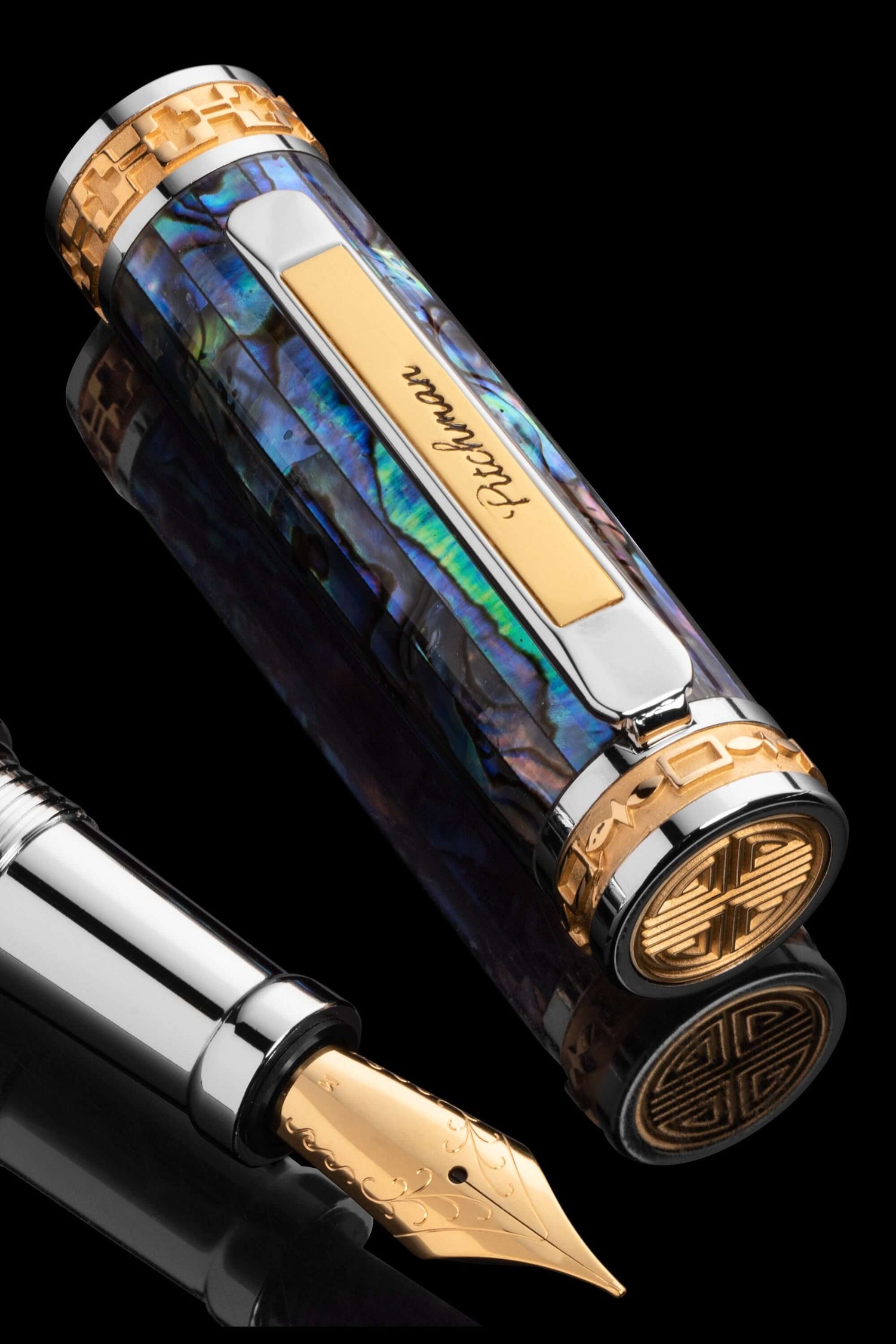 Luxurious Pitchman Closer Blue Fountain Pen: Executive gift, large, heavy, fine, handcrafted with abalone shell &amp; palladium.